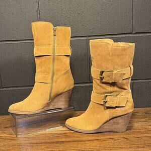 Very Volatile L.A. Brown Suede Mid Calf Wedge Twin Buckle Boots Women’s 8.5